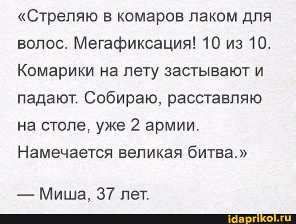 "Стреляю в комаров лаком для волос. Мегафиксация! 10 из 10.
Комарики на лету застывают и падают. Собираю, расставляю на столе, уже 2 армии.
Намечается великая битва."
- Миша, 37 лет.