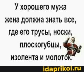У хорошего мужа жена должна знать все, где его трусы, носки,
плоскогубцы, изолента и молоток,