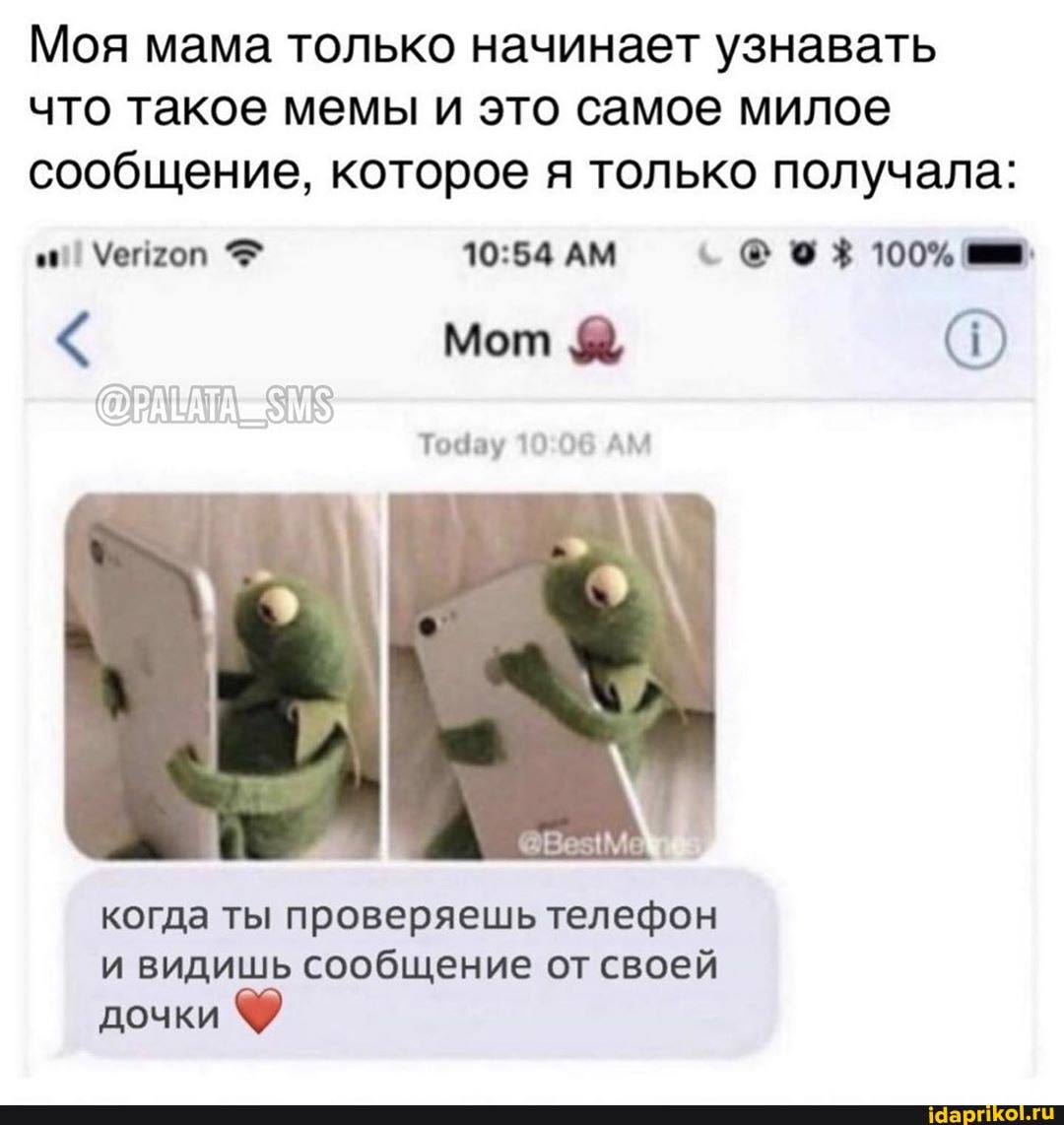 Моя мама только начинает узнавать
что такое мемы и это самое милое
сообщение, которое я только получала:
ОШ
когда ты проверяешь телефон
и видишь сообщение от своей
дочки