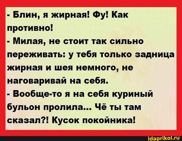 Блин, я жирная! Фу! Как противно!
Милая, не стоит так сильно переживать: у тебя только задница жирная и шея немного, не
наговаривай на себя.
Вообще-то я на себя куриный бульон пролила... Чё ты там сказал?! Кусок покойника!