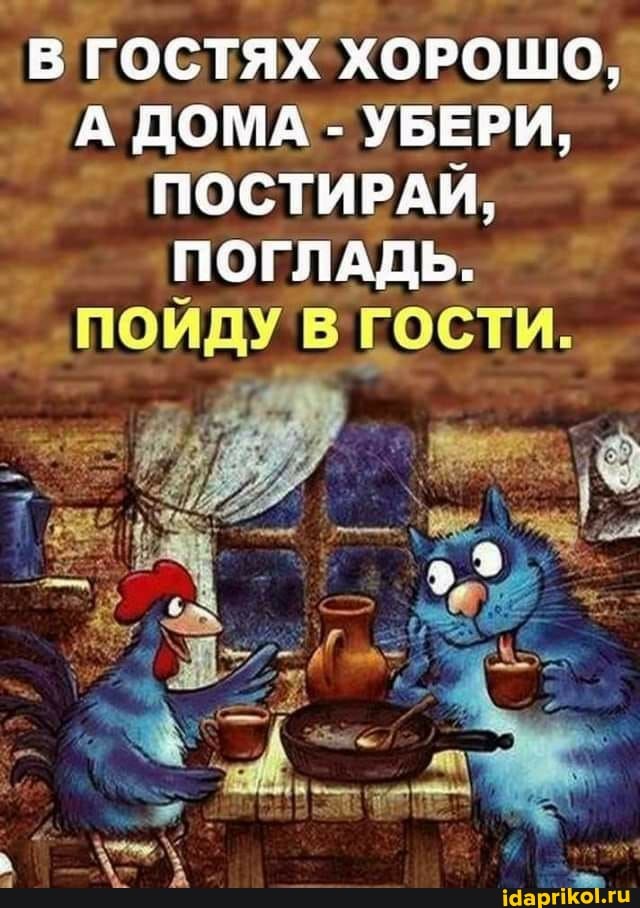 В ГОСТЯХ ХОРОШО,
А ДОМА - УБЕРИ,
ПОСТИРАЙ,
ПОГЛАДЬ.
ПОЙДУ В ГОСТИ.