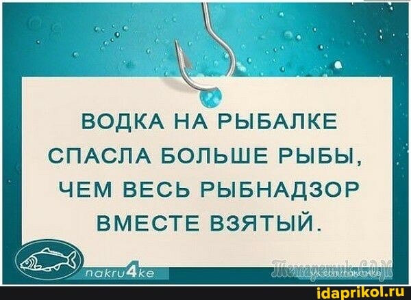 ВОДКА НА РЫБАЛКЕ
СПАСЛА БОЛЬШЕ РЫБЫ,
ЧЕМ ВЕСЬ РЫБНАДЗОР ВМЕСТЕ ВЗЯТЫЙ.