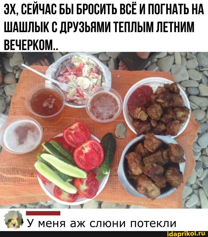 ЭХ, СЕЙЧАС БЫ БРОСИТЬ ВСЁ И ПОГНАТЬ НА ШАШЛЫК С ДРУЗЬЯМИ ТЕПЛЫМ ЛЕТНИМ ВЕЧЕРКОМ.
мен: меня аж слюни потекли
