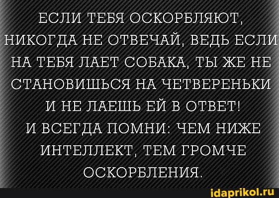 ЕСЛИ ТЕБЯ ОСКОРБЛЯЮТ,
НИКОГДА НЕ ОТВЕЧАЙ, ВЕДЬ ЕСЛИ НА ТЕБЯ ЛАЕТ СОБАКА, ТЫ ЖЕ НЕ СТАНОВИШЬСЯ НА ЧЕТВЕРЕНЬКИ I И НЕ ЛАЕШЬ ЕЙ В ОТВЕТ!
И ВСЕГДА ПОМНИ: ЧЕМ НИЖЕ ИНТЕЛЛЕКТ, ТЕМ ГРОМЧЕ ОСКОРБЛЕНИЯ.