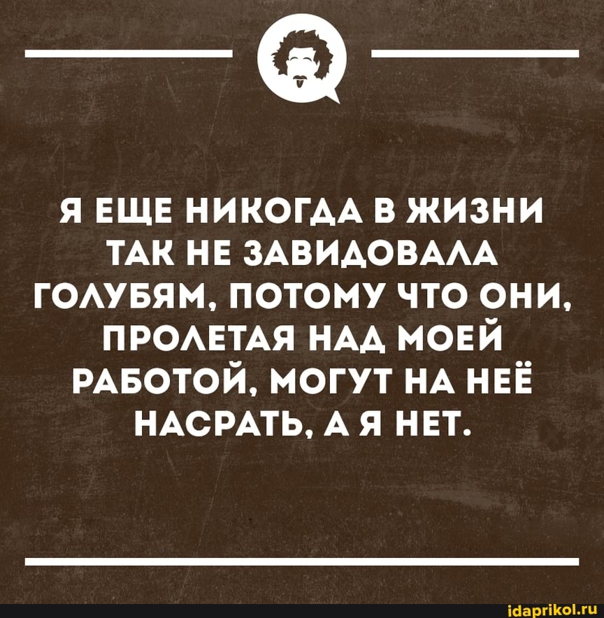 Я ЕЩЕ НИКОГАА В ЖИЗНИ ТАК НЕ ЗАВИДОВАЛА ГОЛУБЯМ, ПОТОМУ ЧТО ОНИ,
ПРОЛЕТАЯ НАД МОЕЙ РАБОТОЙ, МОГУТ НА НЕЁ НАСРАТЬ, А Я НЕТ.