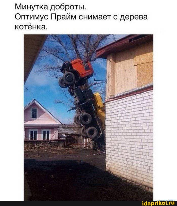 Минутка доброты.
Оптимус Прайм снимает с дерева котёнка.