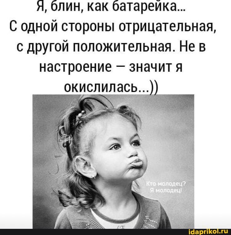 Я, блин, как батарейка...
С одной стороны отрицательная, с другой положительная. Не в настроение - значит я
окислилась...