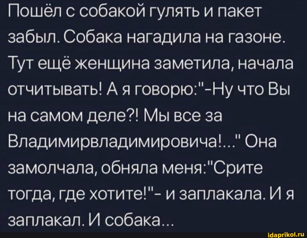 Пошёл с собакой гулять и пакет
забыл. Собака нагадила на газоне.
Тутещё женщина заметила, начала
отчитывать! А я говорю:"-Ну что Вы
на самом деле?! Мы все за
Владимирвладимировича!..." Она
замолчала, обняла меня:"Срите
тогда, где хотите!"- и заплакала. И я
заплакал. И собака...