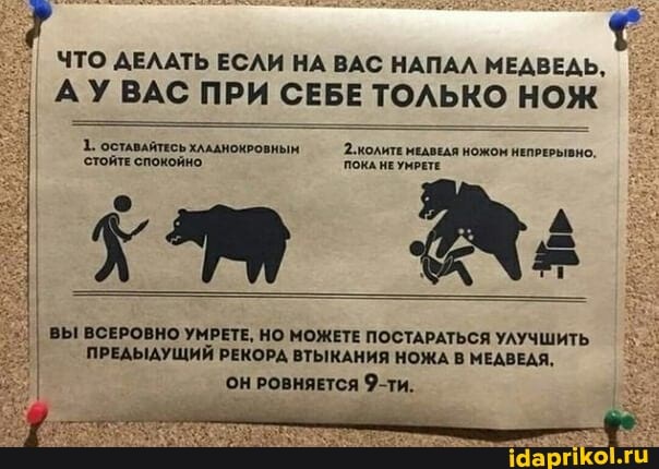 ЧТО ДЕЛАТЬ ЕСЛИ НА ВАС НАПАЛ МЕДВЕДЬ,
АУ ВАС ПРИ СЕБЕ ТОЛЬКО НОЖ
1. ОСТАВАЙТЕСЬ ХААДНОКРОВНЫМ. 2.КОЛИТЕ МЕАВЕАЯ НОЖОМ НЕПРЕРЫВНО.
'стойте спокойно ПОКА НЕ УМРЕТЕ
ВЫ ВСЕРОВНО УМРЕТЕ, НО МОЖЕТЕ ПОСТАРАТЬСЯ УЛУЧШИТЬ ПРЕДЫДУЩИЙ РЕКОРД ВТЫКАНИЯ НОЖА В МЕДВЕДЯ,
ОН РОВНЯЕТСЯ 9-Ти.