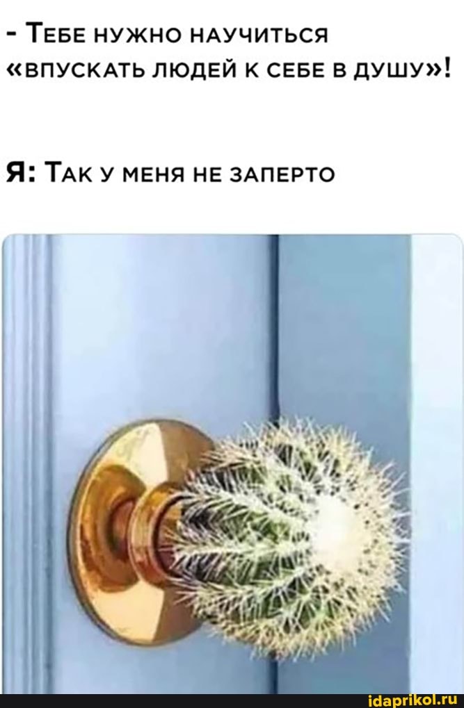 - ТЕБЕ НУЖНО НАУЧИТЬСЯ
"ВПУСКАТЬ ЛЮДЕЙ К СЕБЕ В ДУШУ"!
Я: ТАК У МЕНЯ НЕ ЗАПЕРТО