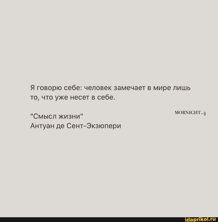 Я говорю себе: человек замечает в мире лишь
то, что уже несет в себе.
"Смысл жизни"
Антуан де Сент-Экзюпери