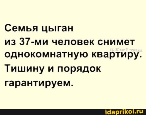Семья цыган из 37-ми человек снимет однокомнатную квартиру.
Тишину и порядок гарантируем.