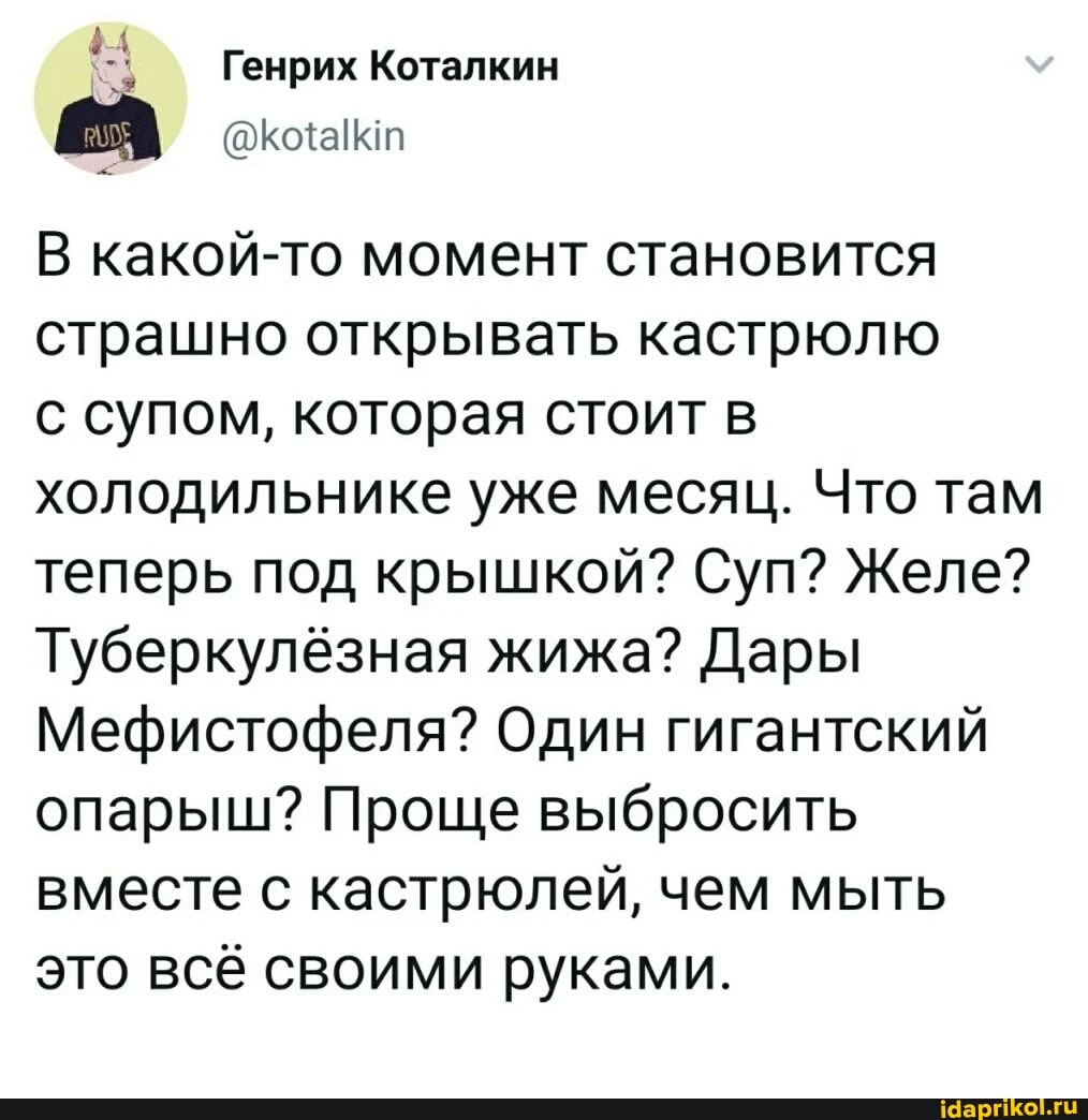 Генрих Коталкин
В какой-то момент становится страшно открывать кастрюлю
с супом, которая стоит в холодильнике уже месяц. Что там теперь под крышкой? Суп? Желе?
Туберкулёзная жижа? Дары
Мефистофеля? Один гигантский опарыш? Проще выбросить вместе с кастрюлей, чем мыть это всё своими руками.