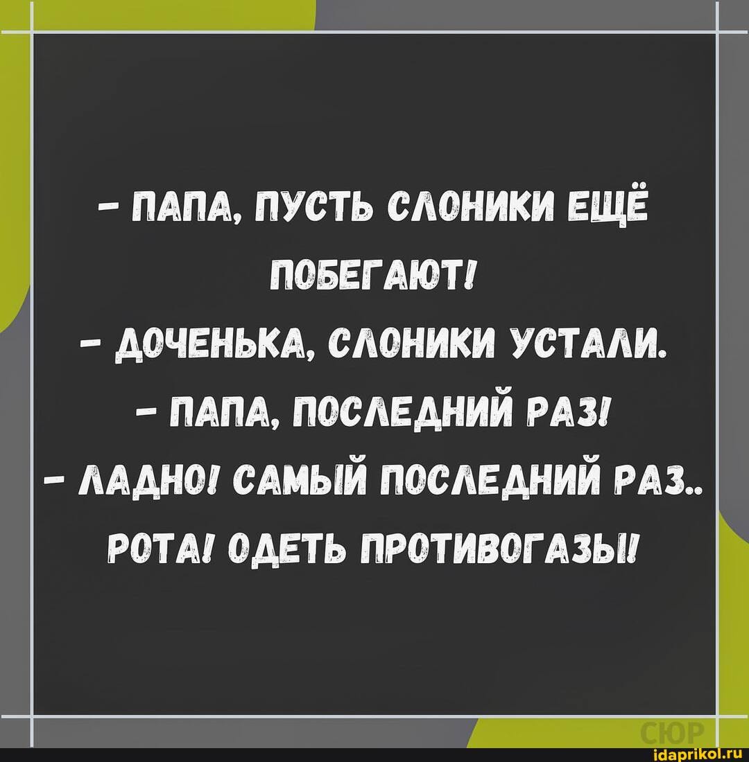 ПАПА, ПУСТЬ СЛОНИКИ ЕЩЁ ПОБЕГАЮТ!
ДОЧЕНЬКА, СЛОНИКИ УСТАЛИ.
ПАПА, ПОСЛЕДНИЙ РАЗ!
ЛАДНО! САМЫЙ ПОСЛЕДНИЙ РАЗ..
РОТА! ОДЕТЬ ПРОТИВОГАЗЫ!
