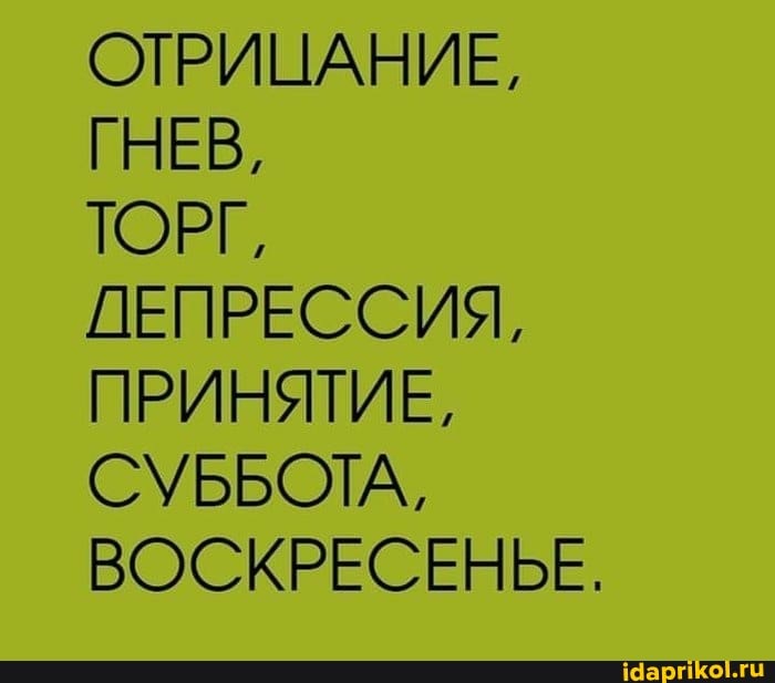 ОТРИЦАНИЕ,
ГНЕВ,
ТОРГ,
ДЕПРЕССИЯ,
ПРИНЯТИЕ,
СУББОТА,
ВОСКРЕСЕНЬЕ.