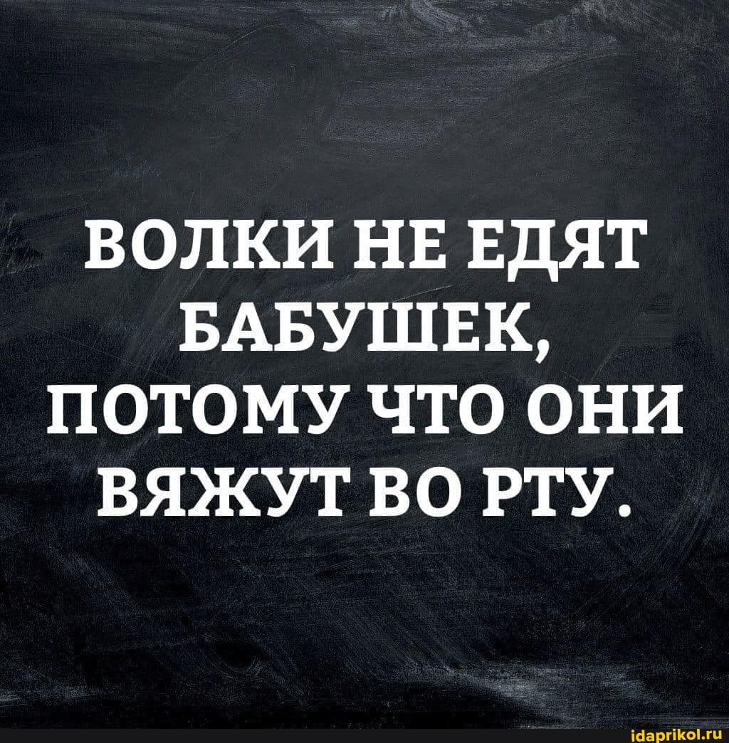 ВОЛКИ НЕ ЕДЯТ БАБУШЕК,
ПОТОМУ ЧТО ОНИ ВЯЖУТ ВО РТУ.