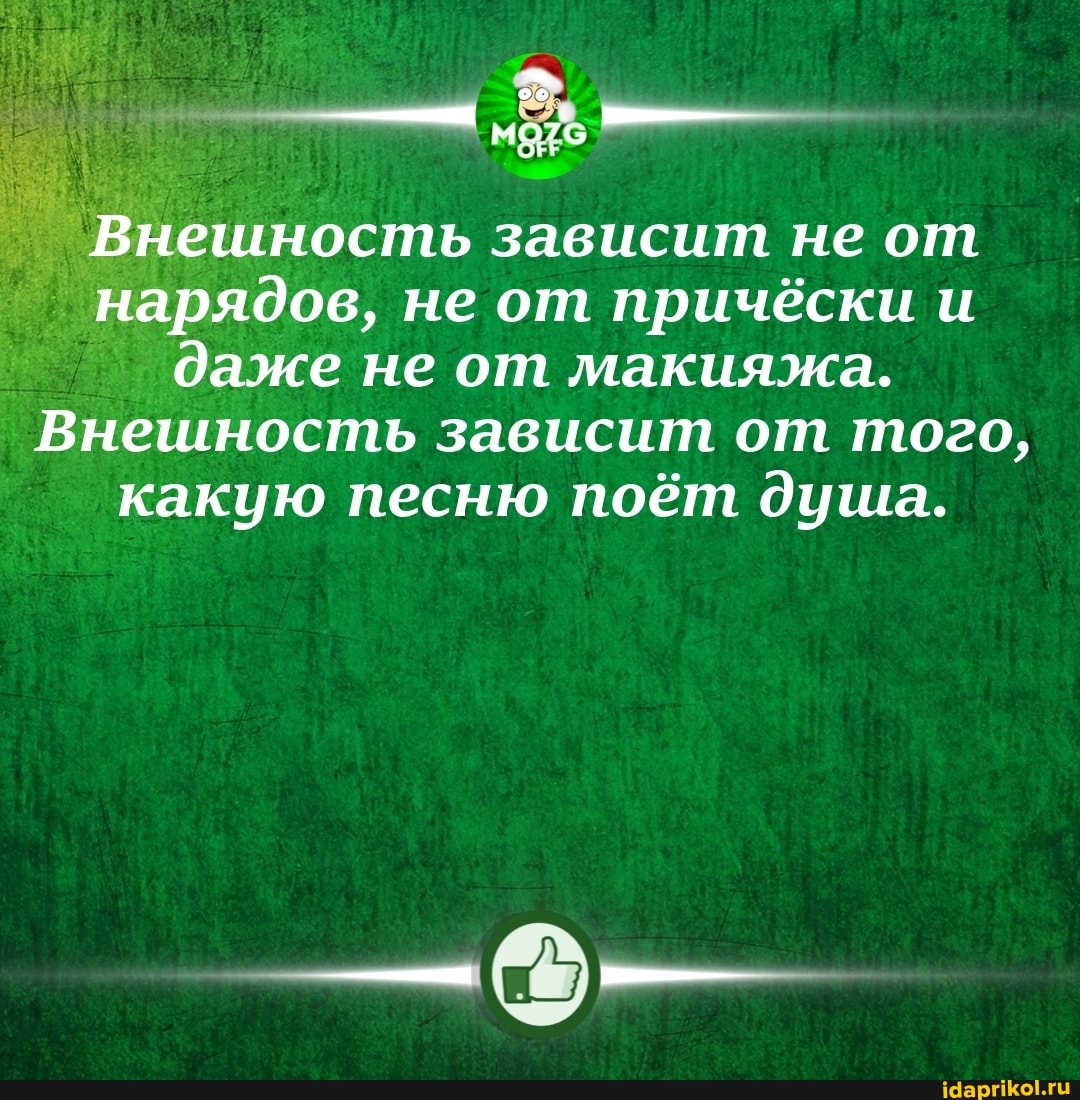 Внешность зависит не от нарядов, не от причёски и даже не от макияжа.
Внешность зависит от того, какую песню поёт душа.