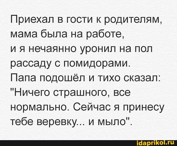 Приехал в гости к родителям, мама была на работе,
ия нечаянно уронил на пол рассаду с помидорами.
Папа подошёл и тихо сказал:
"Ничего страшного, все нормально. Сейчас я принесу тебе веревку... и мыло".