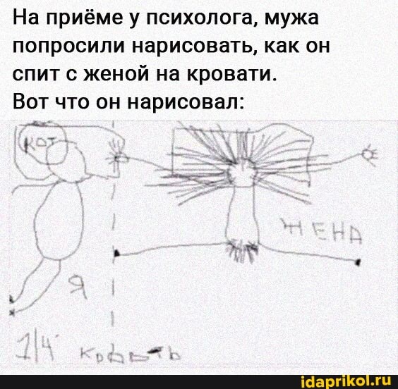 На приёме у психолога, мужа
попросили нарисовать, как он
спит с женой на кровати.
Вот что он нарисовал: