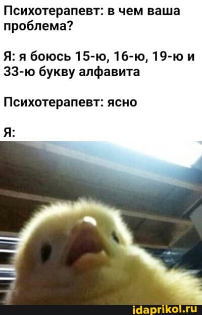Психотерапевт: в чем ваша проблема?
Я: я боюсь 15-ю, 16-ю, 19-юи
33-ю букву алфавита
Психотерапевт: ясно