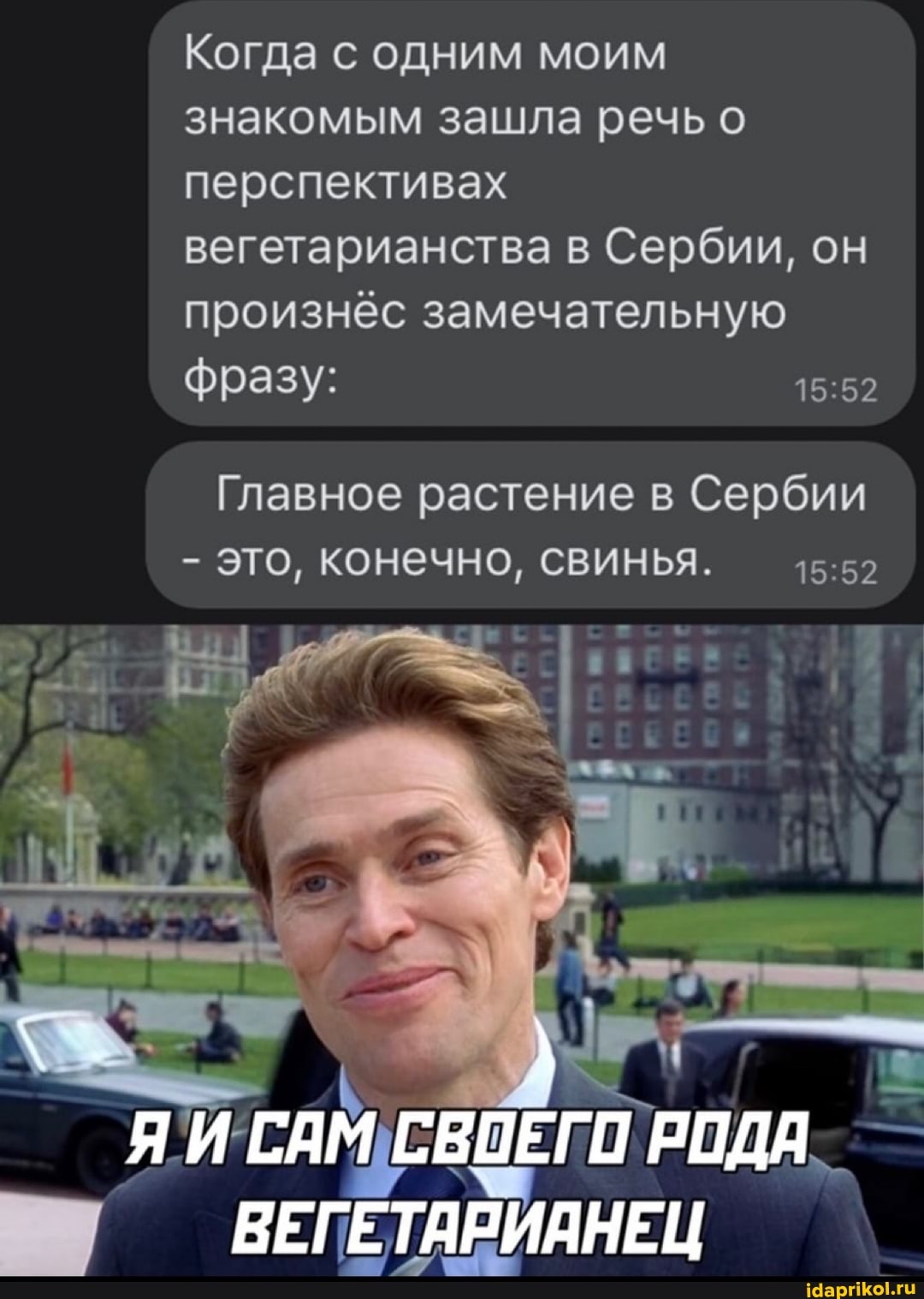 Когда с одним моим знакомым зашла речь о перспективах вегетарианства в Сербии, он произнёс замечательную
фразу:
Главное растение в Сербии
- это, конечно, свинья.
О РОДА__
ТАРИАНЕЦ