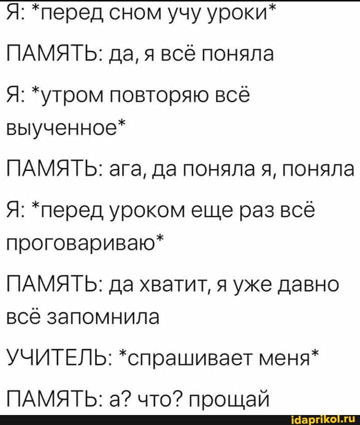 Я: *перед сном учу уроки*
ПАМЯТЬ: да, я всё поняла
Я: *утром повторяю всё
выученное*
ПАМЯТЬ: ага, да поняла я, поняла
Я: *перед уроком еще раз всё
проговариваю*
ПАМЯТЬ: да хватит, я уже давно
всё запомнила
УЧИТЕЛЬ: *спрашивает меня*
ПАМЯТЬ: а? что? прощай