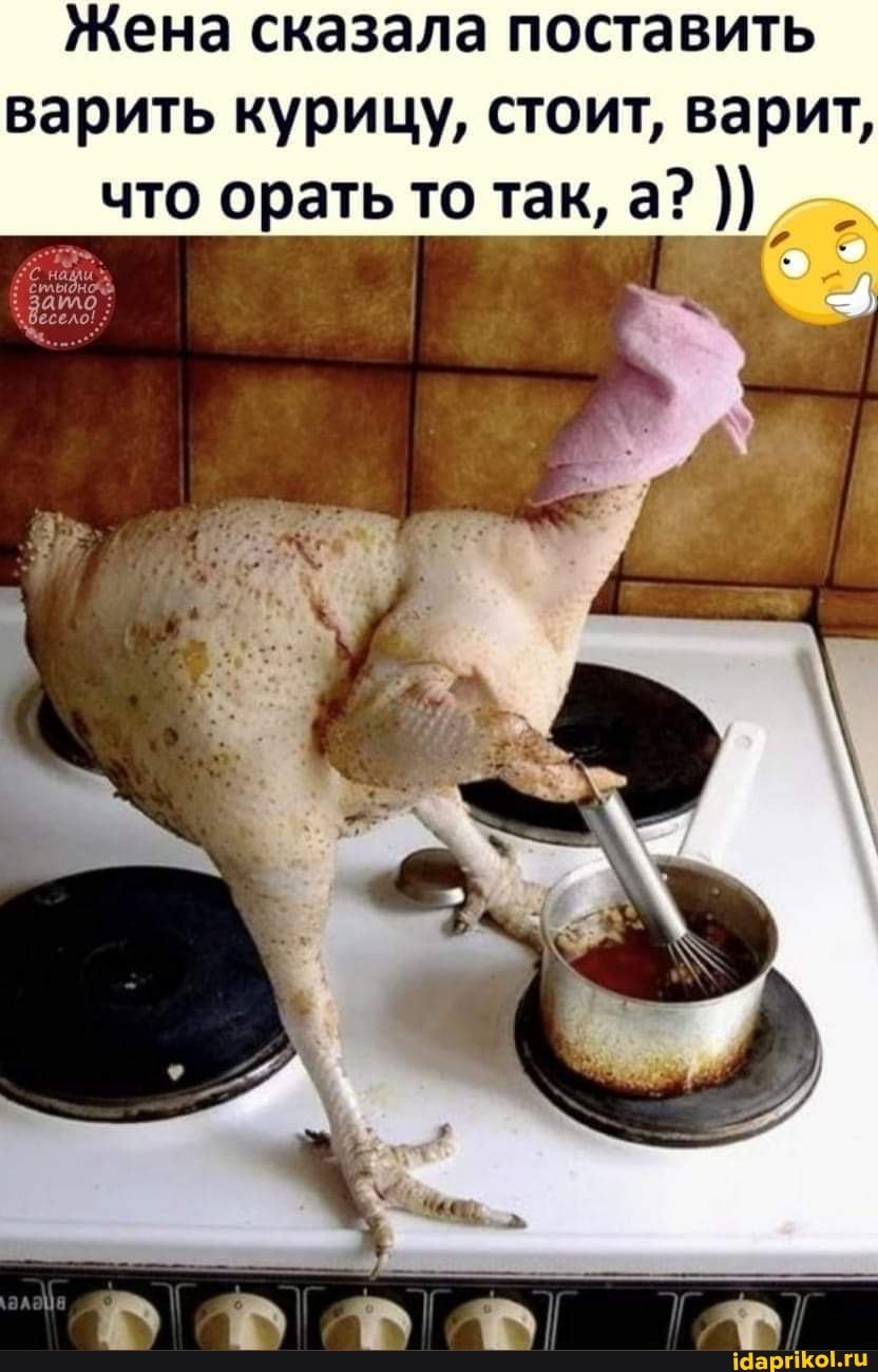 Жена сказала поставить варить курицу, стоит, варит, что орать то так, а?))