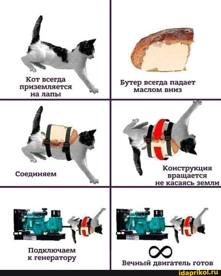 Кот всегда приземляется на лапы
утер всегда падает маслом вниз
Конструкция вращается не касаясь земли
Вечный двигатель готов
Соединяем
Подключаем к генератору