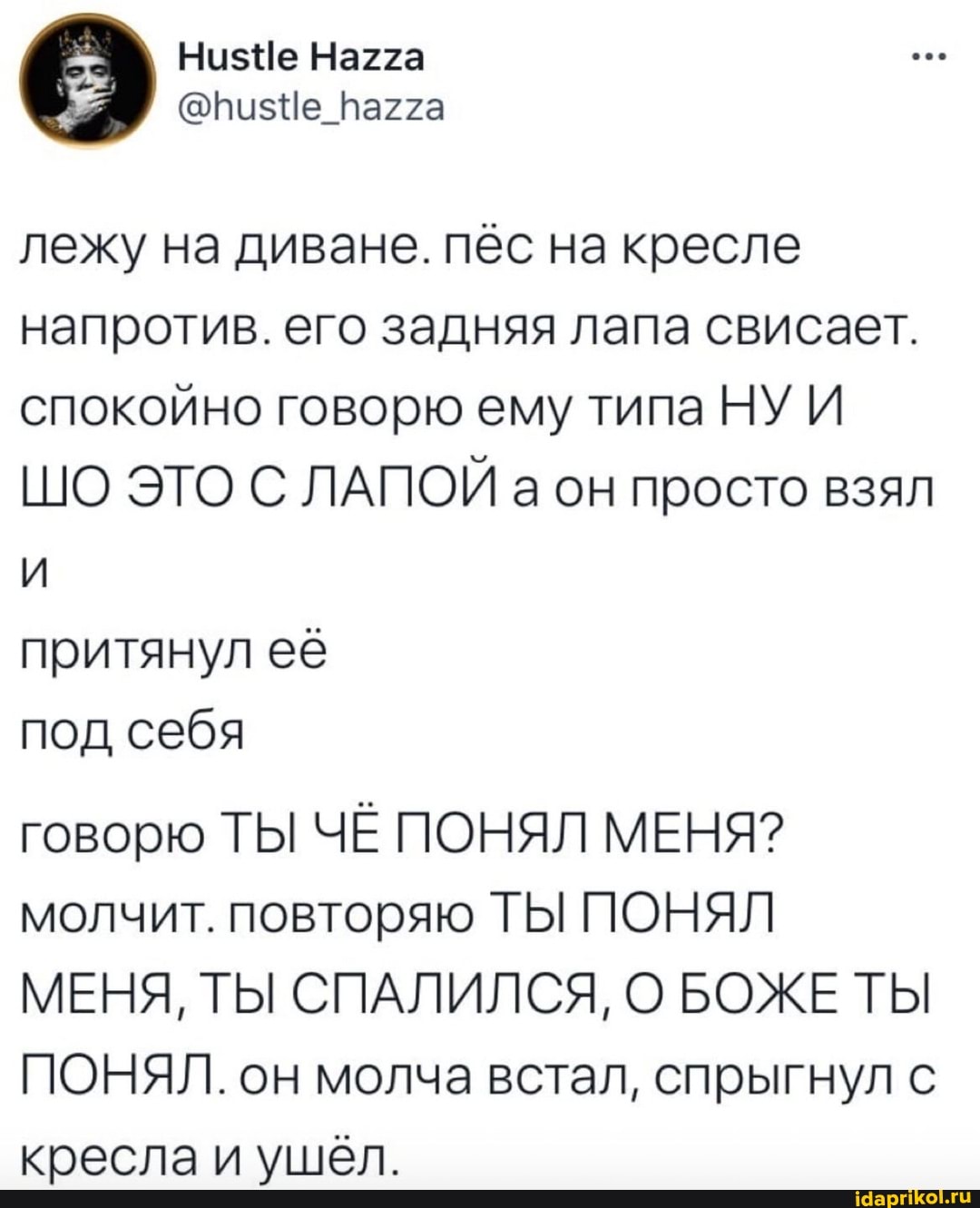 Низ
@пизе
лежу на диване. пёс на кресле напротив. его задняя лапа свисает.
спокойно говорю ему типа НУ И ШО ЭТО С ЛАПОЙ а он просто взял
притянул её
под себя
говорю ТЫ ЧЁ ПОНЯЛ МЕНЯ? молчит. повторяю ТЫ ПОНЯЛ МЕНЯ, ТЫ СПАЛИЛСЯ, О БОЖЕ ТЫ ПОНЯЛ. он молча встал, спрыгнул с кресла и ушёл.
