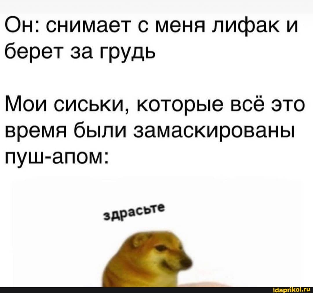 Он: снимает с меня лифак и берет за грудь
Мои сиськи, которые всё это время были замаскированы
пуш-апом:
здрасете