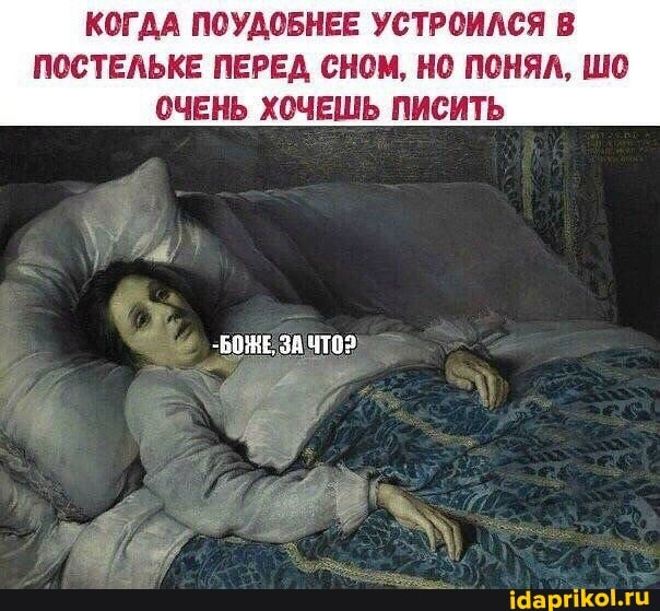 КОГДА ПОУДОБНЕЕ УСТРОИЛСЯ В ПОСТЕЛЬКЕ ПЕРЕД СНОМ, НО ПОНЯЛ, ШО ОЧЕНЬ ХОЧЕШЬ ПИСИТЬ