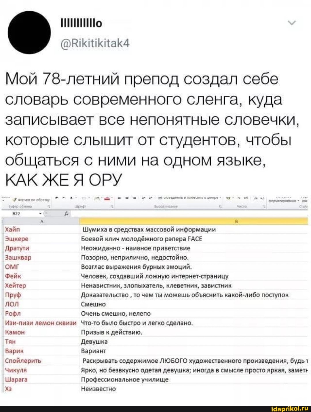 Мой 78-летний препод создал себе словарь современного сленга, куда записывает все непонятные словечки, которые слышит от студентов, чтобы общаться с ними на одном языке,
КАК ЖЕ ОРУ
обрема
Хайп Шумиха в средствах массовой информации
Эщкере Боевой клич молодёжного рэпера РАСЕ Дратути Неожиданно - наивное приветствие
Зашквар Позорно, неприлично, недостойно.
Возглас выражения бурных эмоций.
Фейк Человек, создавший ложную интернет-страницу
Хейтер Ненавистник, злопыхатель, клеветник, завистник
Пруф Доказательство то чем ты можешь обяснить какой-либо поступок лол Смешно
Рофл Очень смешно, нелепо
Изи-пизи лемон сквизи Что-то было быстро и легко сделано.
Камон Призыв к действию.
Тян Девушка
Варик Вариант
Спойлерить Раскрывать содержимое ЛЮБОГО художественного произведения, будьт
Чикуля Ярко, но безвкусно одетая девушка; иногда в смысле просто яркая, заметь
Шарага Профессиональное училище
Хз Неизвестно