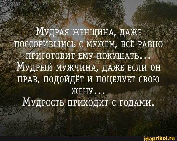 МУДРАЯ ЖЕНЩИНА, ДАЖЕ ПОССОРИВШИСЬ С МУЖЕМ, ВСЁ РАВНО ПРИГОТОВИТ ЕМУ ПОКУШАТЬ.
МудРЫЙ МУЖЧИНА, ДАЖЕ ЕСЛИ ОН ПРАВ, ПОДОЙДЁТ И ПОЦЕЛУЕТ СВОЮ ЖЕНУ...
МуДРОСТЬ' ПРИХОДИТ С ГОДАМИ.