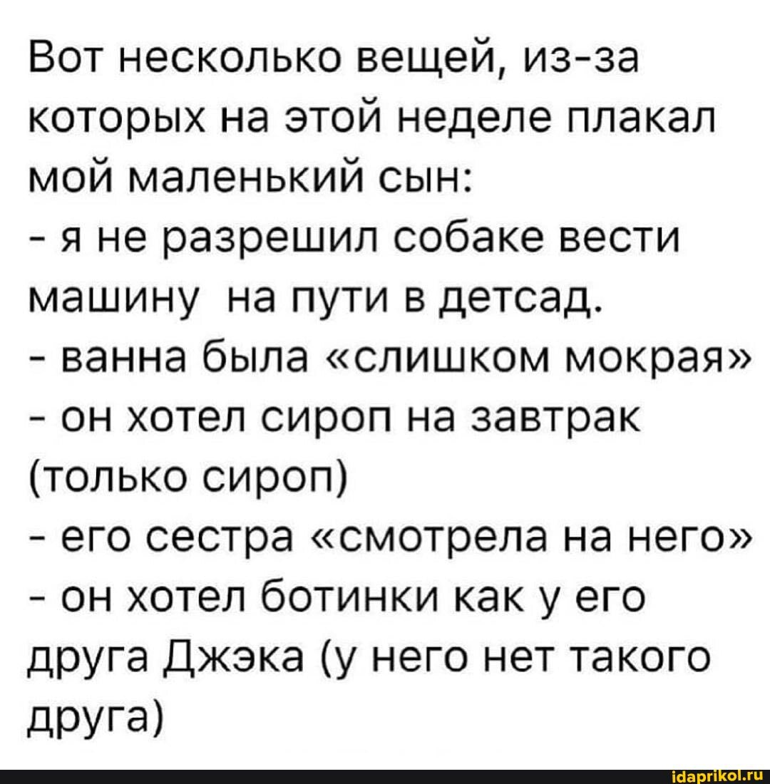 Вот несколько вещей, из-за которых на этой неделе плакал мой маленький сын:
- я не разрешил собаке вести машину на пути в детсад.
- ванна была "слишком мокрая"
- он хотел сироп на завтрак
(только сироп)
- его сестра "смотрела на него"
- он хотел ботинки как у его друга Джэка (у него нет такого
друга)