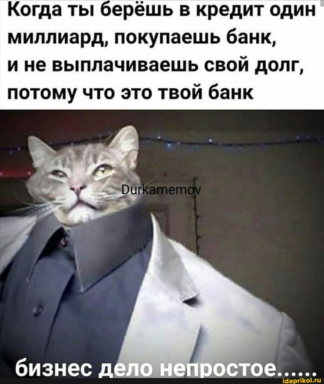 Когда ты берёшь в кредит один миллиард, покупаешь банк,
и не выплачиваешь свой долг, потому что это твой банк
бизнес