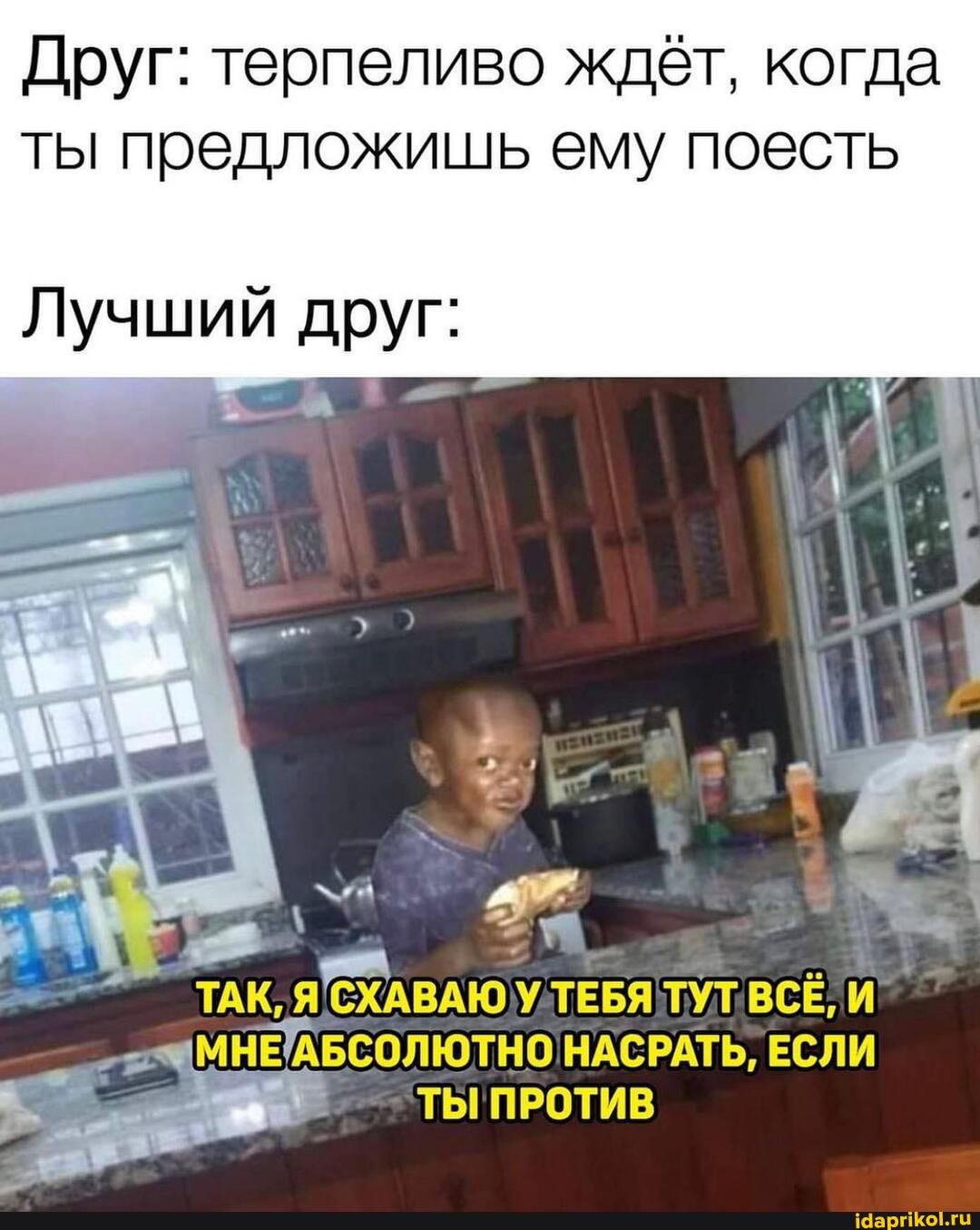 Друг: терпеливо ждёт, когда ты предложишь ему поесть
Лучший друг:
ТАК. СХАВАЮ УТЕБЯ ТУТ ВСЁ,
НАСРАТЬ, ЕСЛИ ТЫ ПРОТИВ