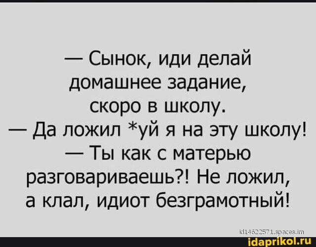 - Сынок, иди делай домашнее задание, скоро в школу.
- Да ложил *уй я на эту школу!
- Ты как с матерью разговариваешь?! Не ложил, а клал, идиот безграмотный!