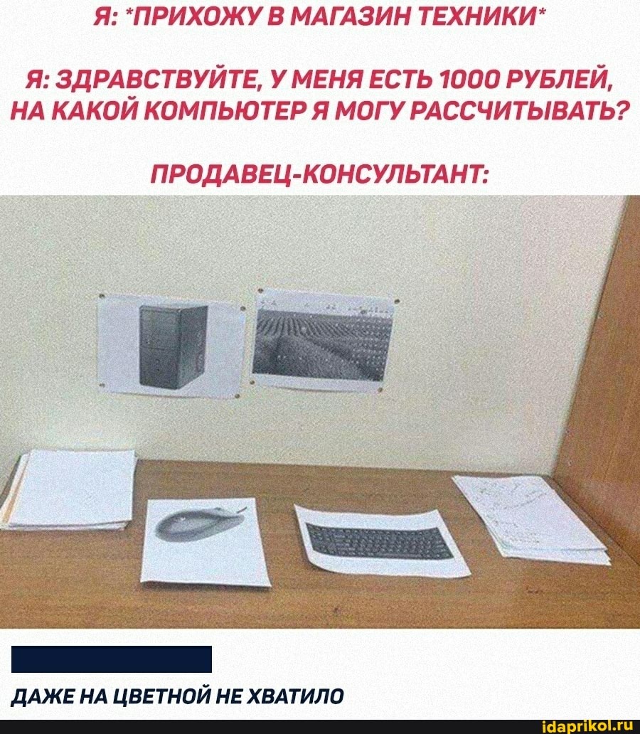 Я: ЗДРАВСТВУЙТЕ, У МЕНЯ ЕСТЬ 1000 РУБЛЕЙ,
НА КАКОЙ КОМПЬЮТЕР Я МОГУ РАССЧИТЫВАТЬ?
ПРОДАВЕЦ-КОНСУЛЬТАНТ:
ДАЖЕ НА ЦВЕТНОЙ НЕ ХВАТИЛО