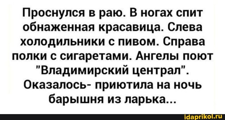 Проснулся в раю. В ногах спит обнаженная красавица. Слева холодильники с пивом. Справа полки с сигаретами. Ангелы поют
"Владимирский централ".
Оказалось- приютила на ночь барышня из ларька...