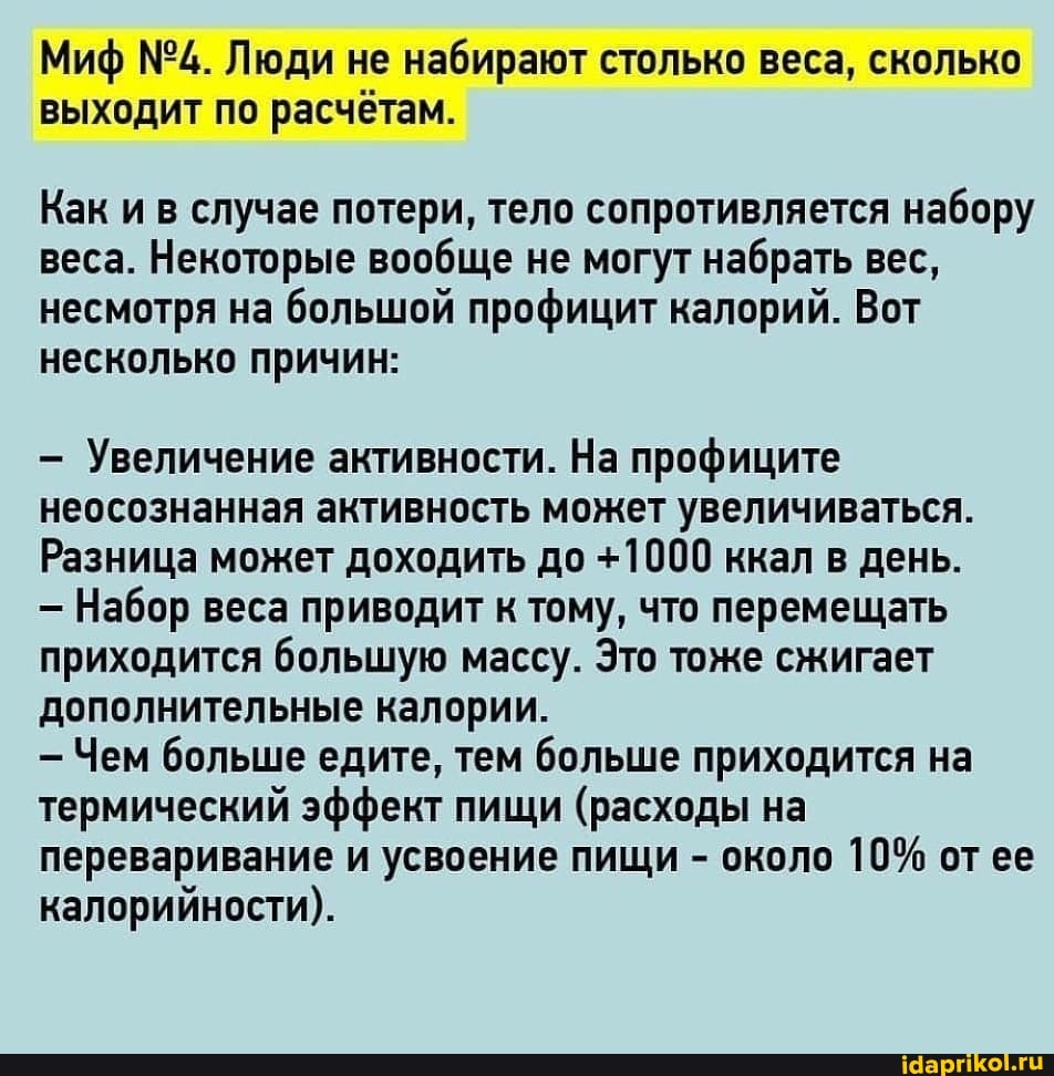Миф Люди не набирают столько веса, сколько выходит по расчётам.
Как и в случае потери, тело сопротивляется набору веса. Некоторые вообще не могут набрать вес, несмотря на большой профицит калорий. Вот несколько причин:
- Увеличение активности. На профиците неосознанная активность может увеличиваться.
Разница может доходить до +1000 ккал в день.
- Набор веса приводит к тому, что перемещать приходится большую массу. Это тоже сжигает дополнительные калории.
- Чем больше едите, тем больше приходится на термический эффект пищи (расходы на переваривание и усвоение пищи - около 10% от ее калорийности).