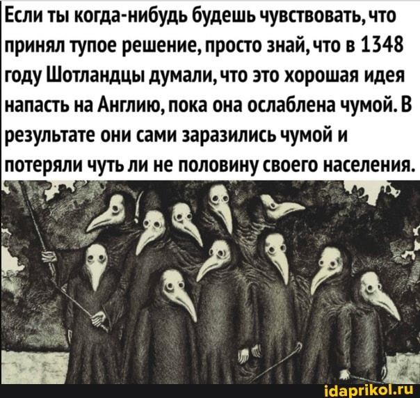 Если ты когда-нибудь будешь чувствовать, что принял тупое решение, просто знай, что в 1348 году Шотландцы думали, что это хорошая идея напасть на Англию, пока она ослаблена чумой. В результате они сами заразились чумой и
потеряли чуть ли не половину своего населения.