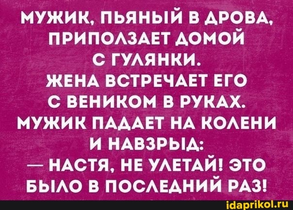 МУЖИК, ПЬЯНЫЙ В ДРОВА,
ПРИПОЛЗАЕТ ДОМОЙ С ГУЛЯНКИ.
ЖЕНА ВСТРЕЧАЕТ ЕГО С ВЕНИКОМ В РУКАХ.
МУЖИК ПАДАЕТ НА КОЛЕНИ И НАВЗРЫД:
- НАСТЯ, НЕ УЛЕТАЙ! ЭТО БЫЛО В ПОСЛЕДНИЙ РАЗ!