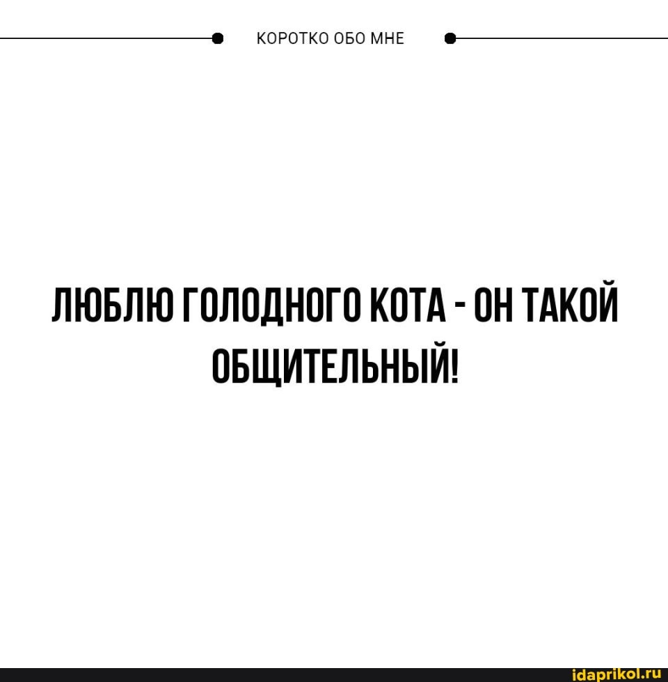 КОРОТКО ОБО МНЕ
ЛЮБЛЮ ГОЛОДНОГО КОТА - ОН ТАКОЙ ОБЩИТЕЛЬНЫЙ!
