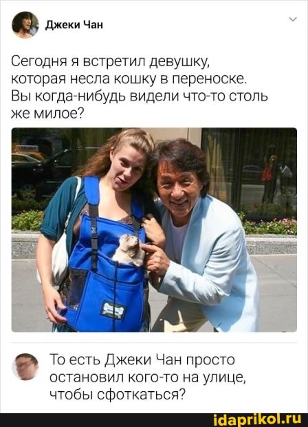 Сегодня я встретил девушку.
которая несла кошку в переноске
Вы когда нибудь видели что столь же милое?
То есть Джеки Чан просто остановил кого-то на улице.
чтобы сфоткаться?