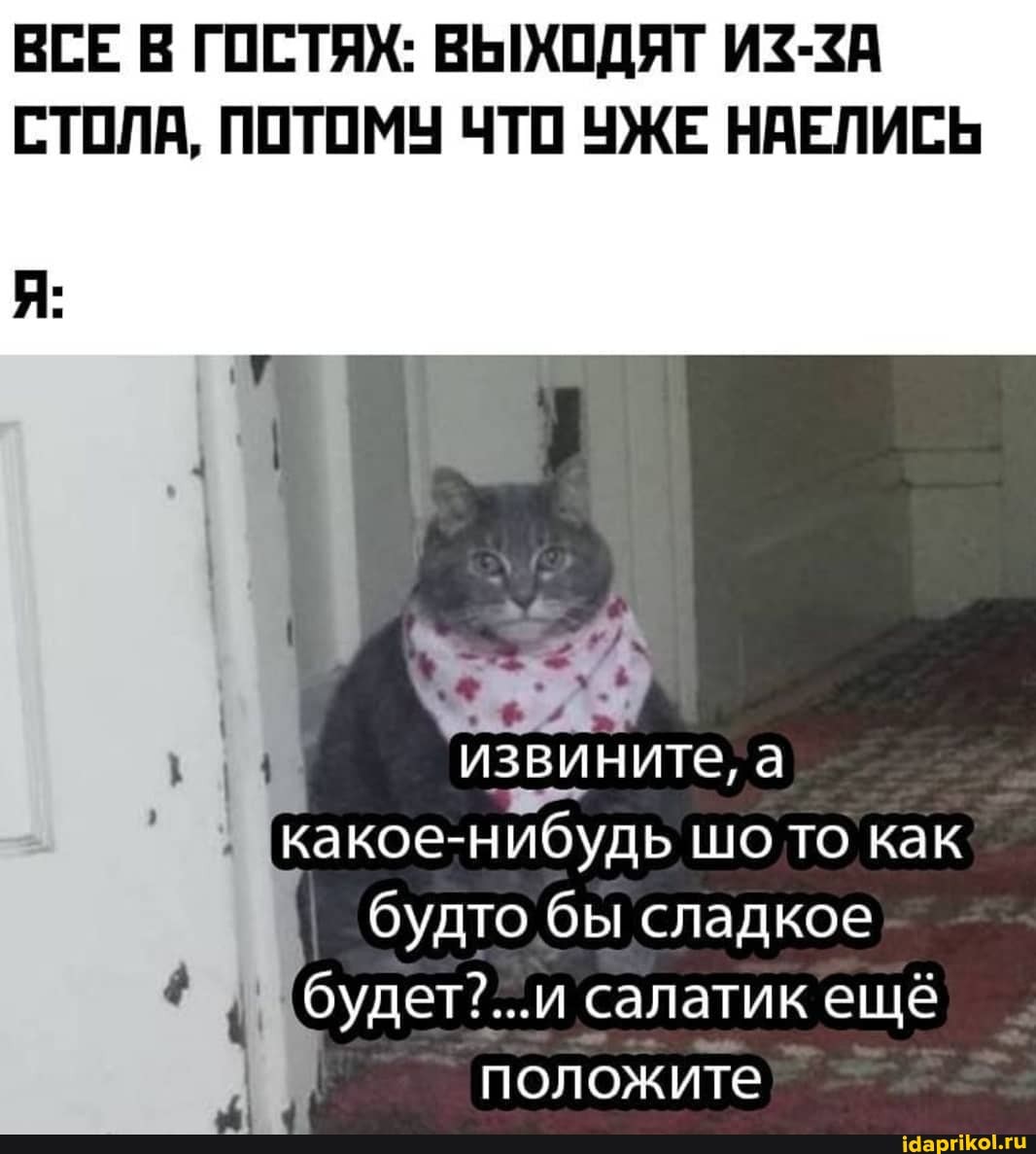 ВСЕ В ГОСТЯХ: ВЫХОДЯТ ИЗ-ЗА СТОЛА, ПОТОМУ ЧТО УЖЕ НАЕЛИСЬ
извините, а,
какое-нибудь шо то как
будто бы сладкое будет....и салатик ещё положите