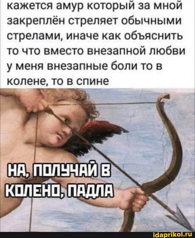 кажется амур который за мной закреплён стреляет обычными стрелами, иначе как обяснить то что вместо внезапной любви у меня внезапные боли то в
колене, то в спине
ПОЛУЧАЙ
КОЛЕНИ,