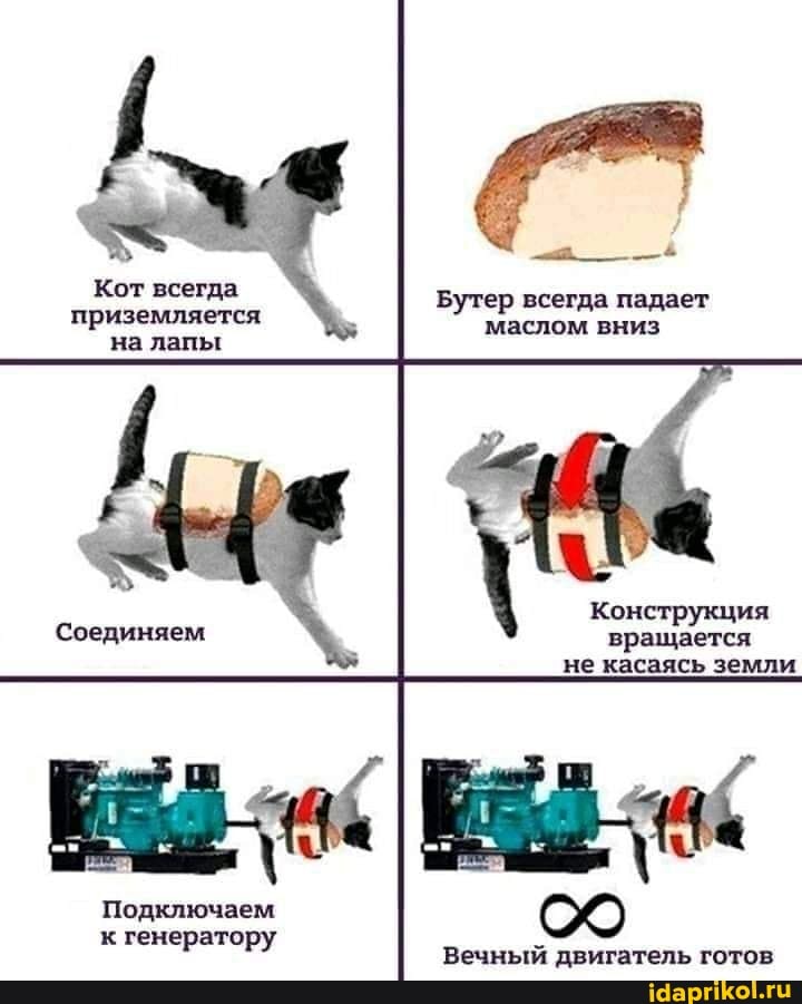 Кот всегда приземляется на лапы
утер всегда падает маслом вниз
Конструкция
вращается не касаясь земли
Подключаем к генератору
Вечный двигатель готов
Соединяем