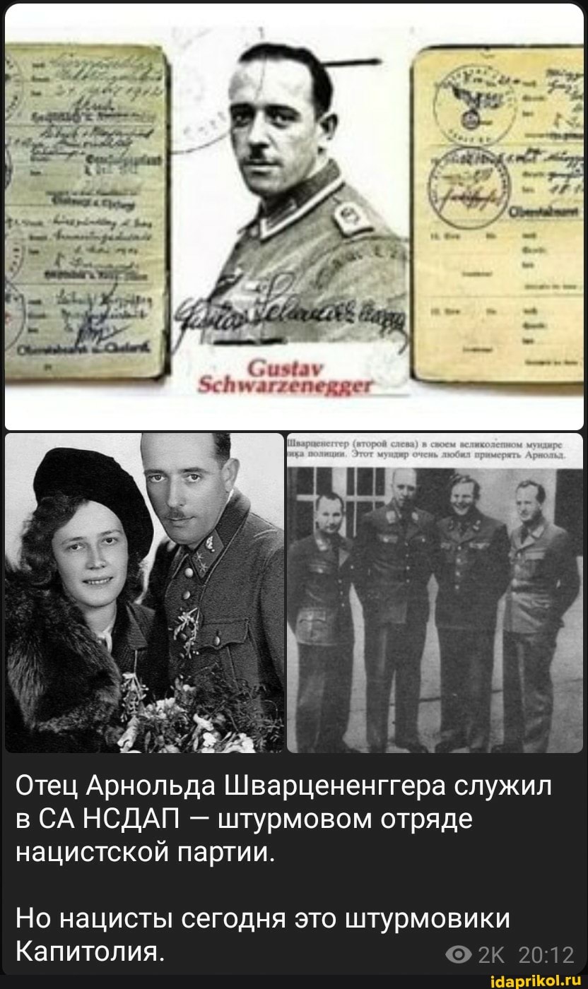 Сизау
Отец Арнольда Шварцененггера служил в СА НСДАП - штурмовом отряде нацистской партии.
Но нацисты сегодня это штурмовики
Капитолия.
