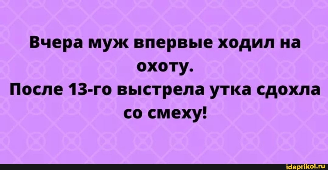 Вчера муж впервые ходил на охоту.
После 13-го выстрела утка сдохла со смеху!