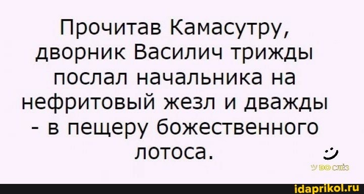 Прочитав Камасутру, дворник Василич трижды послал начальника на нефритовый жезл и дважды
- в пещеру божественного
лотоса.